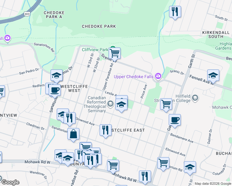 map of restaurants, bars, coffee shops, grocery stores, and more near 108 Leslie Avenue in Hamilton