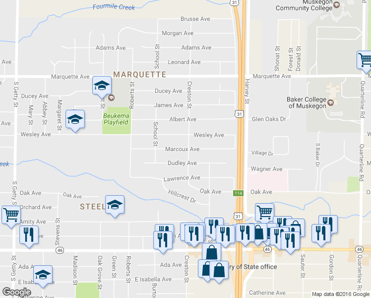 map of restaurants, bars, coffee shops, grocery stores, and more near 1391 Marcoux Avenue in Muskegon