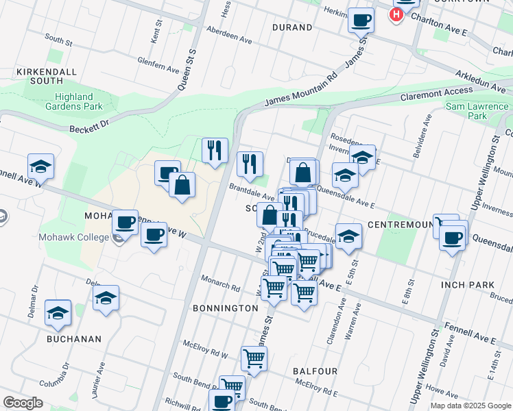map of restaurants, bars, coffee shops, grocery stores, and more near 19 Glenwood Crescent in Hamilton