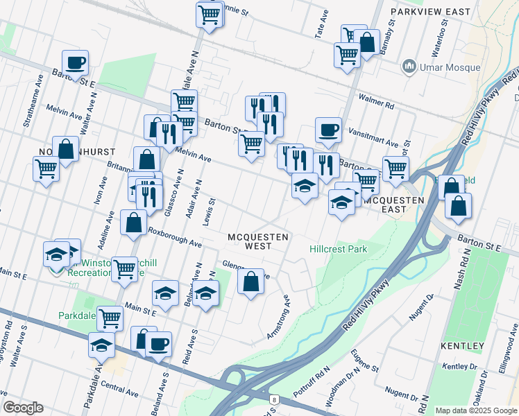 map of restaurants, bars, coffee shops, grocery stores, and more near 9 Airdrie Avenue in Hamilton
