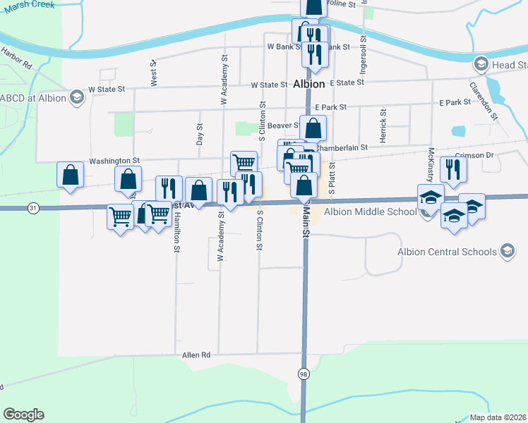 map of restaurants, bars, coffee shops, grocery stores, and more near 205 South Clinton Street in Albion
