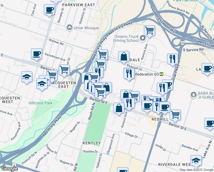 map of restaurants, bars, coffee shops, grocery stores, and more near 330 Nash Road North in Hamilton