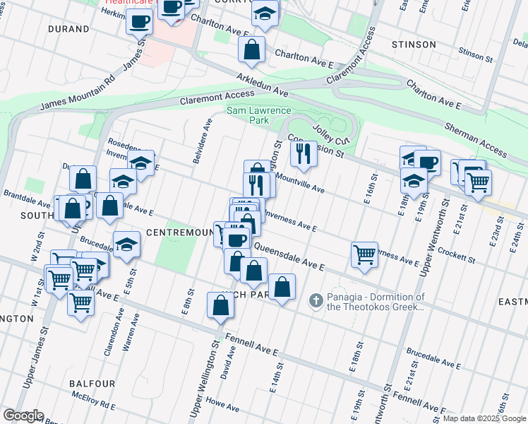 map of restaurants, bars, coffee shops, grocery stores, and more near Inverness Avenue East in Hamilton