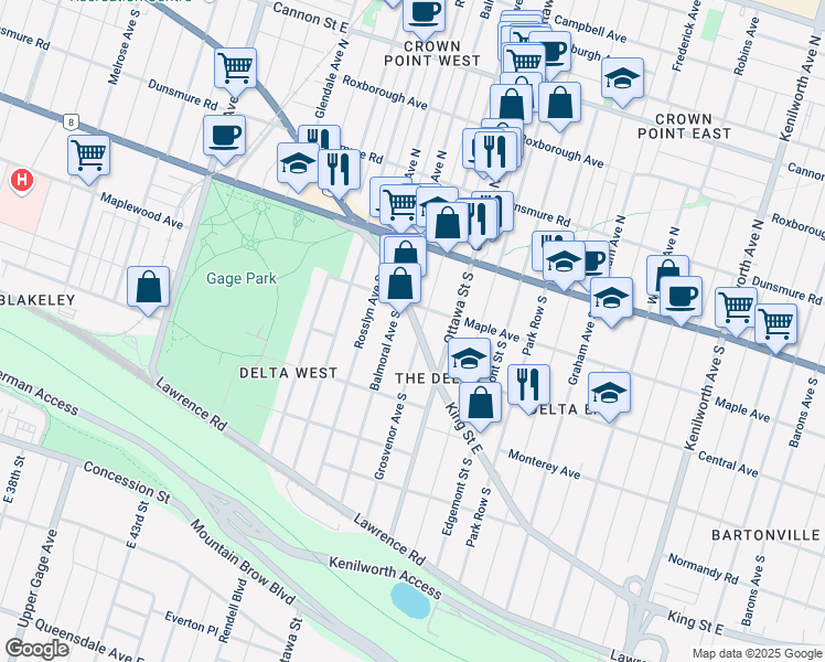 map of restaurants, bars, coffee shops, grocery stores, and more near 1400 King Street East in Hamilton
