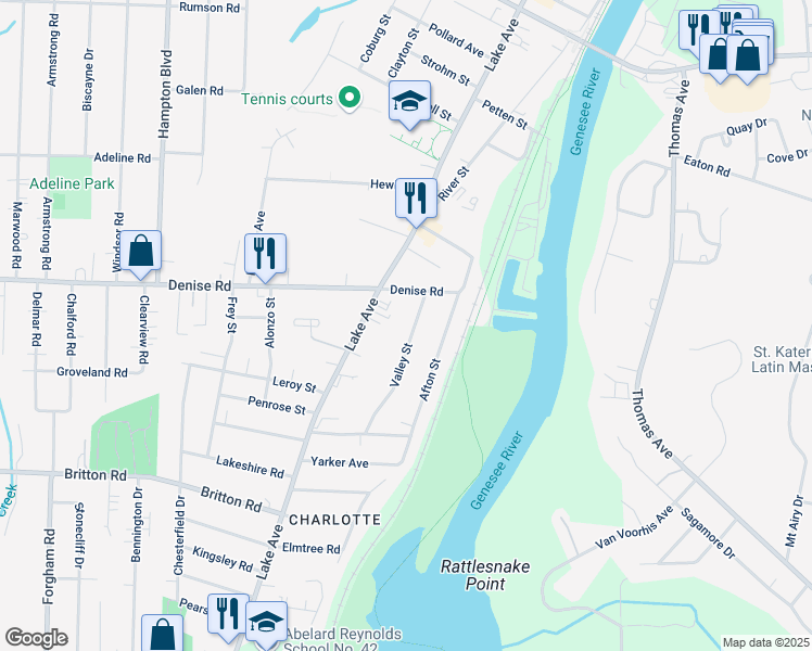 map of restaurants, bars, coffee shops, grocery stores, and more near 55 Valley Street in Rochester