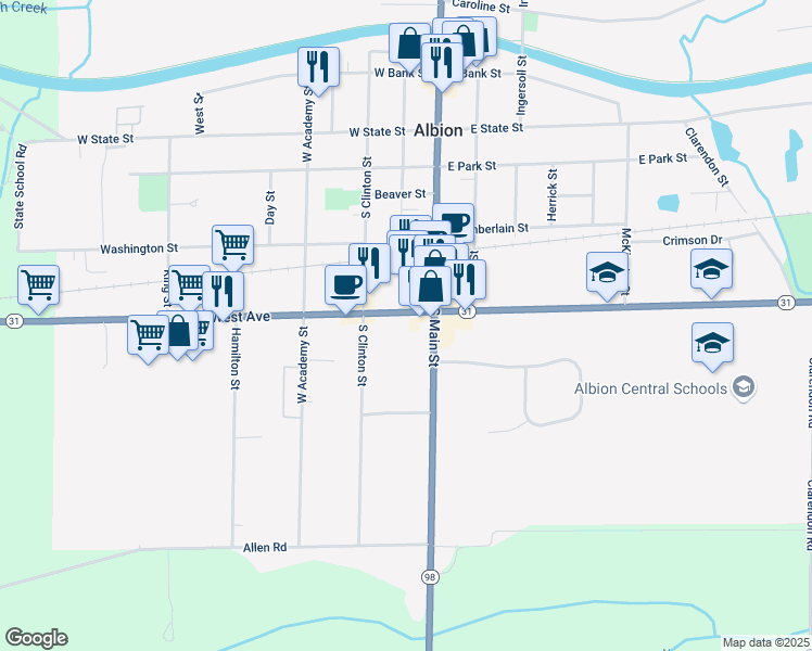 map of restaurants, bars, coffee shops, grocery stores, and more near 14 West Avenue in Albion