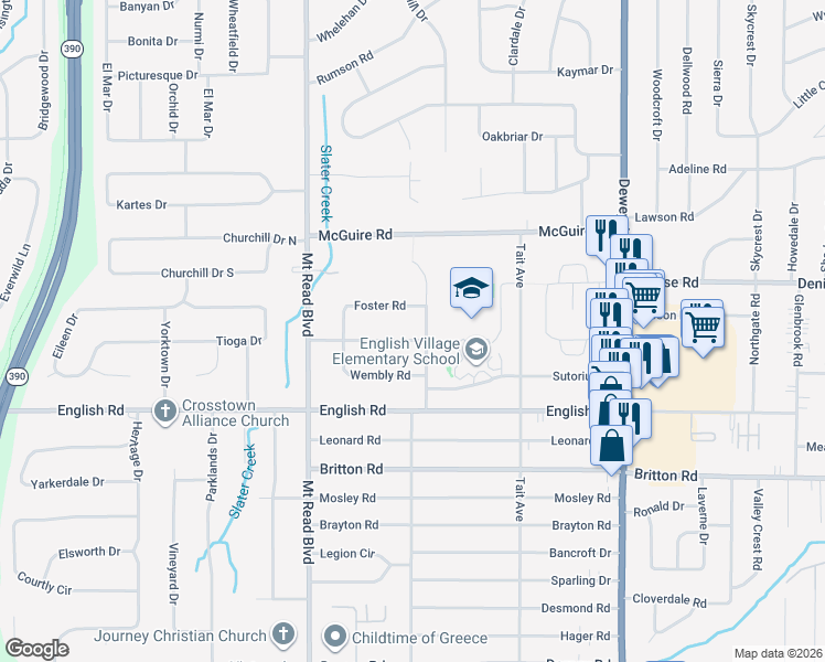 map of restaurants, bars, coffee shops, grocery stores, and more near 140 Centerwood Drive in Rochester