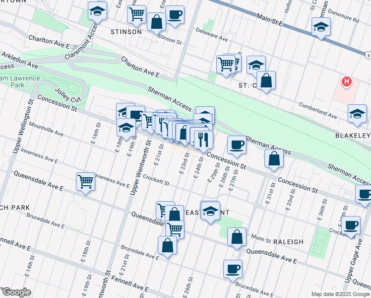 map of restaurants, bars, coffee shops, grocery stores, and more near in Hamilton