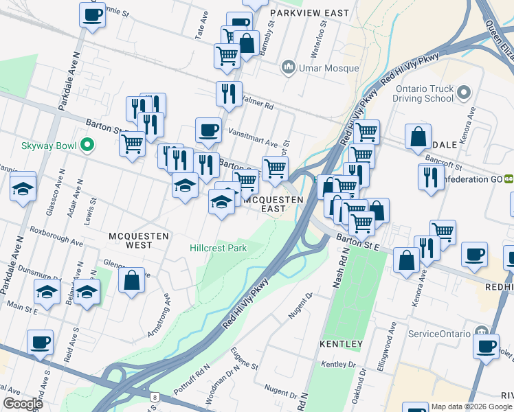 map of restaurants, bars, coffee shops, grocery stores, and more near 491 Melvin Avenue in Hamilton
