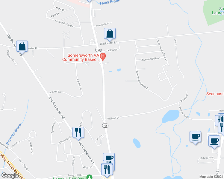 map of restaurants, bars, coffee shops, grocery stores, and more near 183 New Hampshire 108 in Somersworth