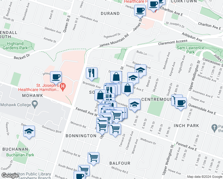 map of restaurants, bars, coffee shops, grocery stores, and more near 8 Brantdale Avenue in Hamilton
