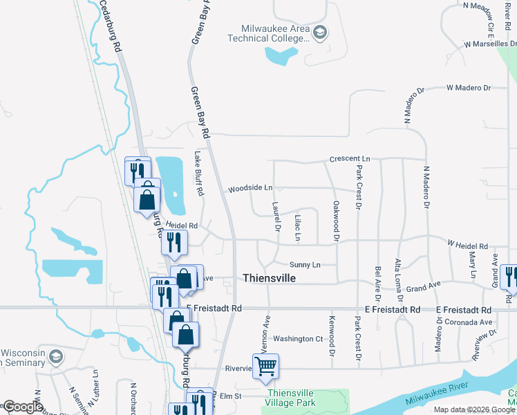 map of restaurants, bars, coffee shops, grocery stores, and more near 574 Rosedale Drive in Thiensville