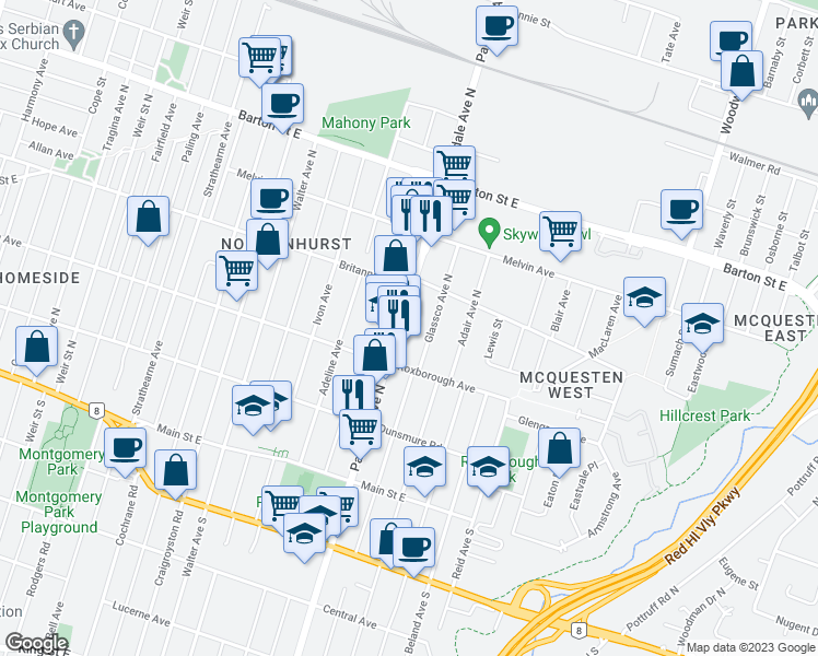 map of restaurants, bars, coffee shops, grocery stores, and more near 147 Glassco Avenue North in Hamilton