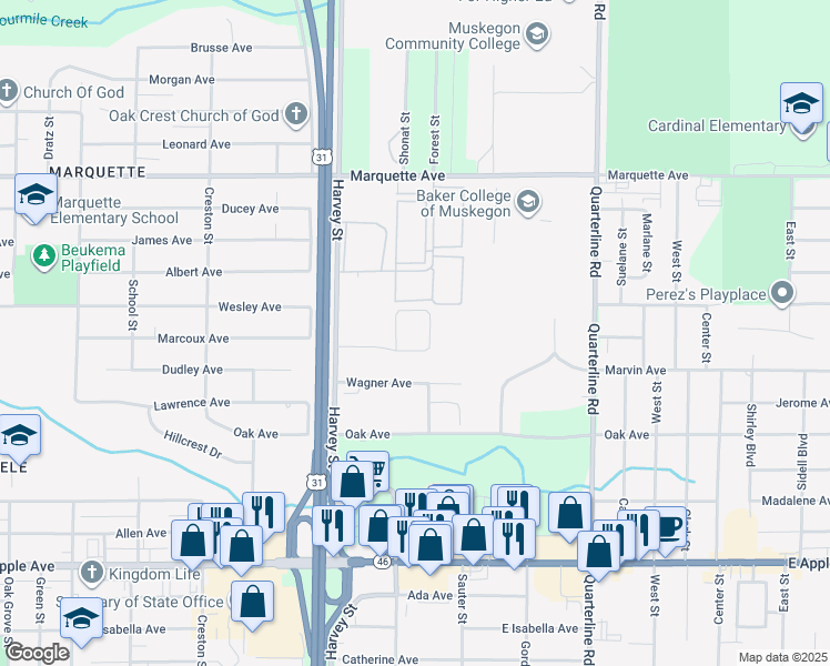 map of restaurants, bars, coffee shops, grocery stores, and more near Village Drive in Muskegon