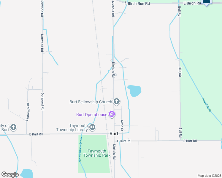 map of restaurants, bars, coffee shops, grocery stores, and more near 12670 Nichols Road in Burt