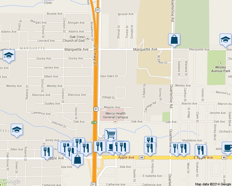 map of restaurants, bars, coffee shops, grocery stores, and more near Village Drive in Muskegon