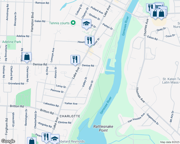 map of restaurants, bars, coffee shops, grocery stores, and more near 55 Valley Street in Rochester
