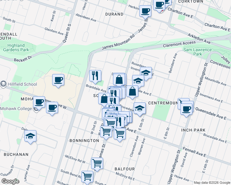 map of restaurants, bars, coffee shops, grocery stores, and more near 8 Brantdale Avenue in Hamilton