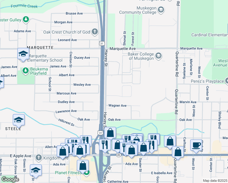 map of restaurants, bars, coffee shops, grocery stores, and more near 630 Harvey Street in Muskegon