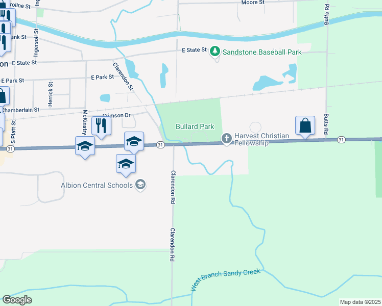 map of restaurants, bars, coffee shops, grocery stores, and more near 502 East Avenue in Albion