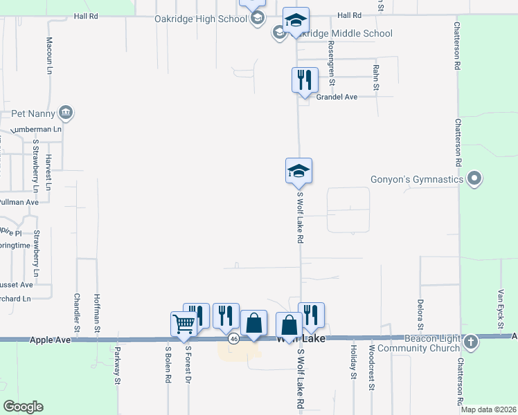 map of restaurants, bars, coffee shops, grocery stores, and more near 697 South Wolf Lake Road in Muskegon