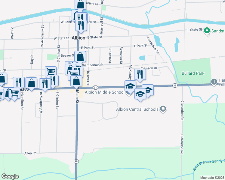 map of restaurants, bars, coffee shops, grocery stores, and more near 226 East Avenue in Albion
