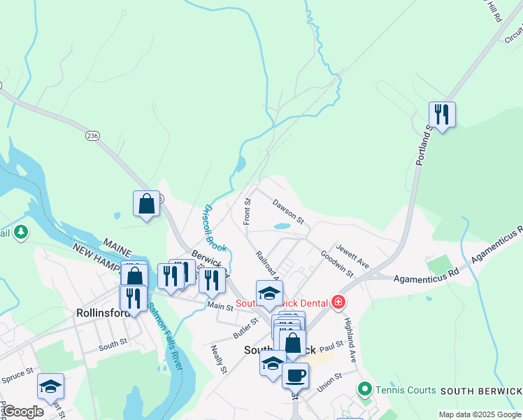 map of restaurants, bars, coffee shops, grocery stores, and more near 12 Front Street in South Berwick