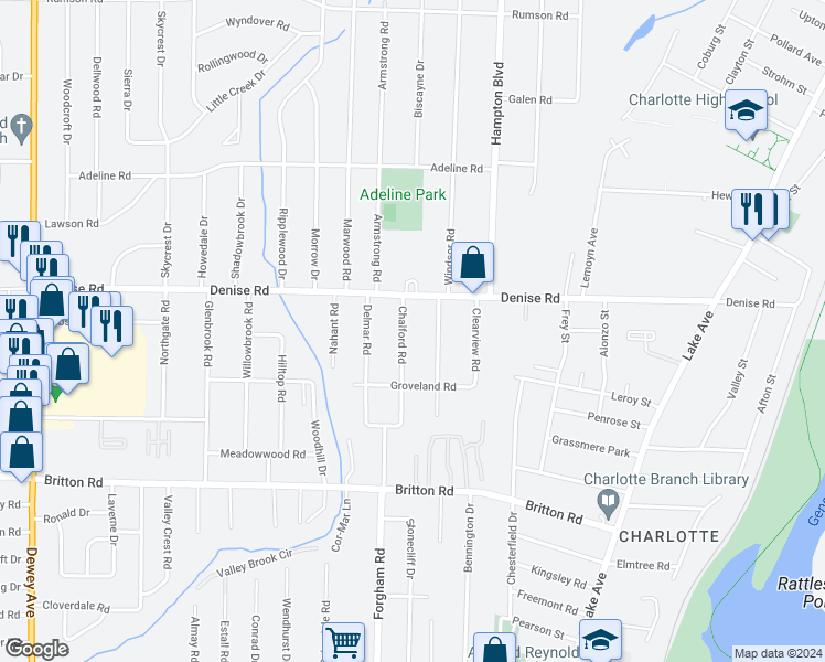 map of restaurants, bars, coffee shops, grocery stores, and more near 232 Chalford Road in Rochester