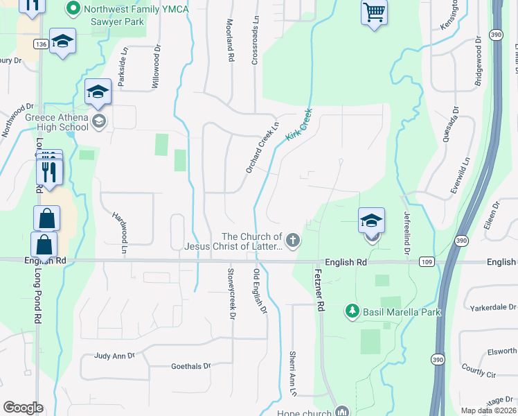 map of restaurants, bars, coffee shops, grocery stores, and more near 158 Orchard Creek Circle in Rochester