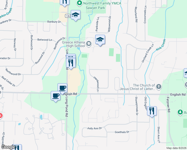 map of restaurants, bars, coffee shops, grocery stores, and more near 85 Hardwood Lane in Rochester