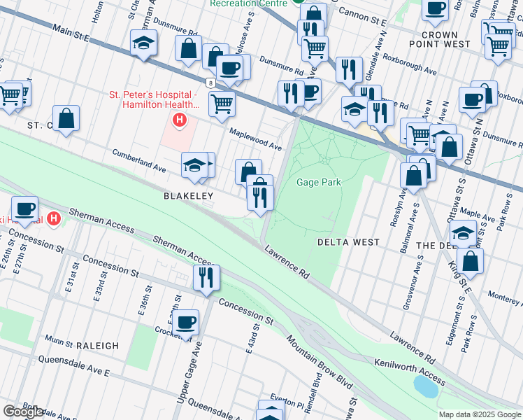 map of restaurants, bars, coffee shops, grocery stores, and more near 256 Gage Avenue South in Hamilton