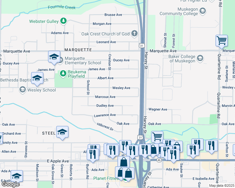 map of restaurants, bars, coffee shops, grocery stores, and more near 1442 Marcoux Avenue in Muskegon