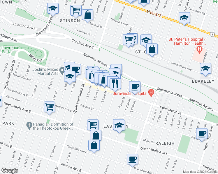 map of restaurants, bars, coffee shops, grocery stores, and more near 581 Concession Street in Hamilton