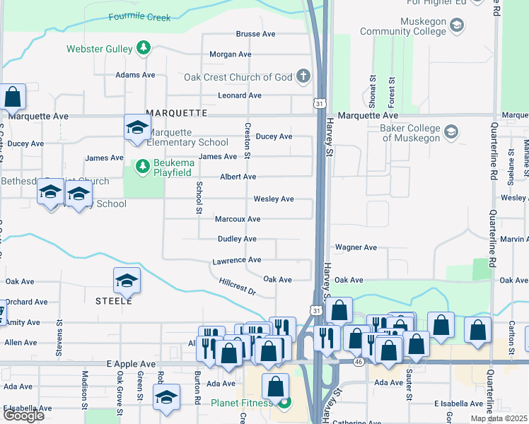 map of restaurants, bars, coffee shops, grocery stores, and more near 1442 Marcoux Avenue in Muskegon