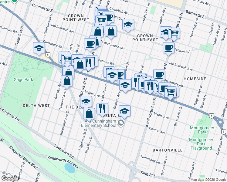 map of restaurants, bars, coffee shops, grocery stores, and more near 23 Province Street South in Hamilton