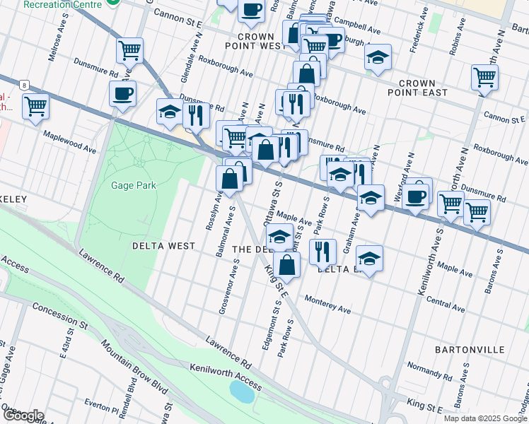map of restaurants, bars, coffee shops, grocery stores, and more near 460 Maple Avenue in Hamilton