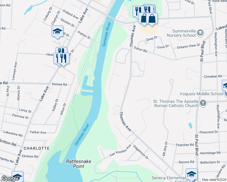 map of restaurants, bars, coffee shops, grocery stores, and more near 255 Beaconview Court in Rochester