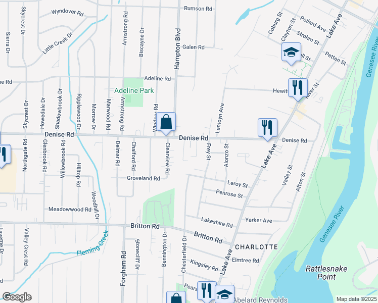 map of restaurants, bars, coffee shops, grocery stores, and more near 157 Frey Street in Rochester