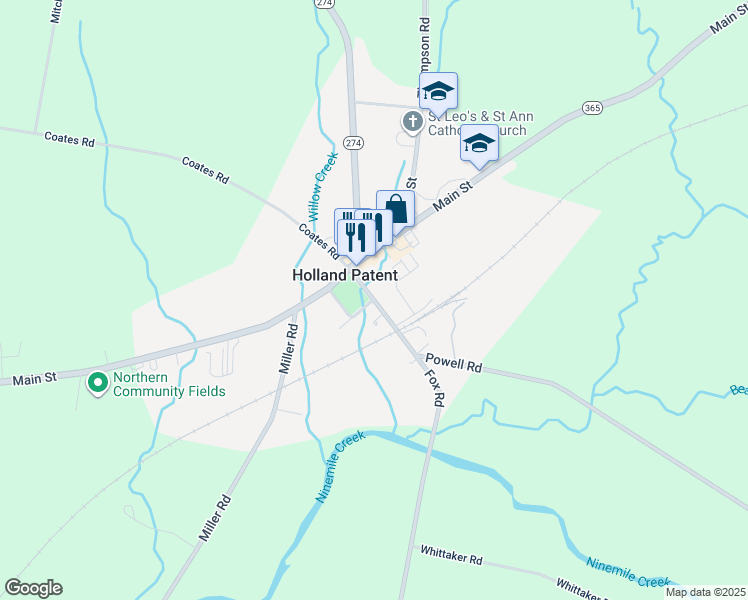 map of restaurants, bars, coffee shops, grocery stores, and more near Park Avenue in Holland Patent
