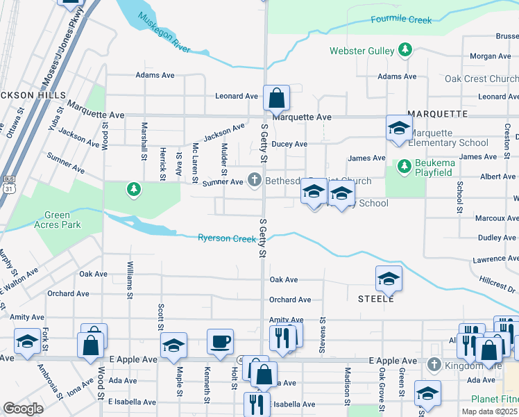 map of restaurants, bars, coffee shops, grocery stores, and more near 675 South Getty Street in Muskegon