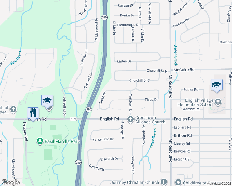 map of restaurants, bars, coffee shops, grocery stores, and more near 408 Eileen Drive in Rochester