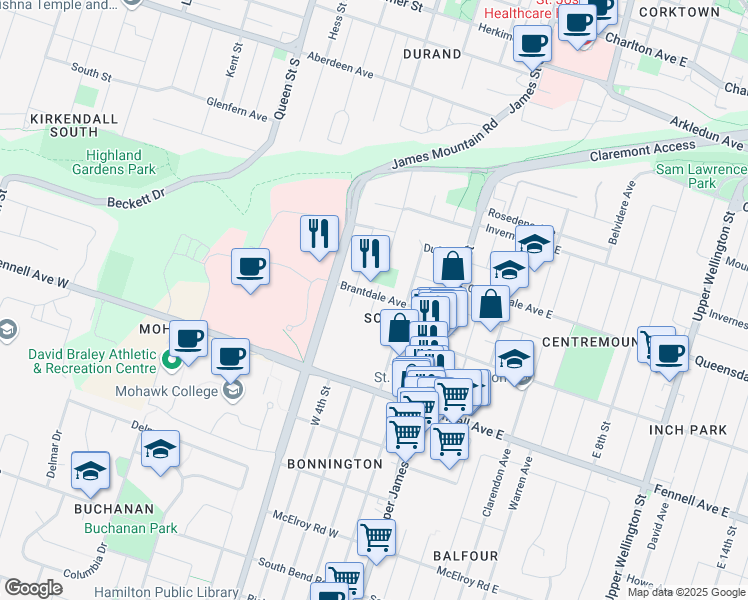 map of restaurants, bars, coffee shops, grocery stores, and more near 16 Glenwood Crescent in Hamilton