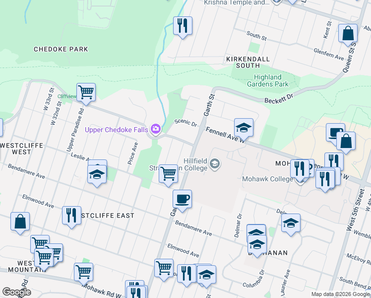 map of restaurants, bars, coffee shops, grocery stores, and more near 39 Westminster Avenue in Hamilton