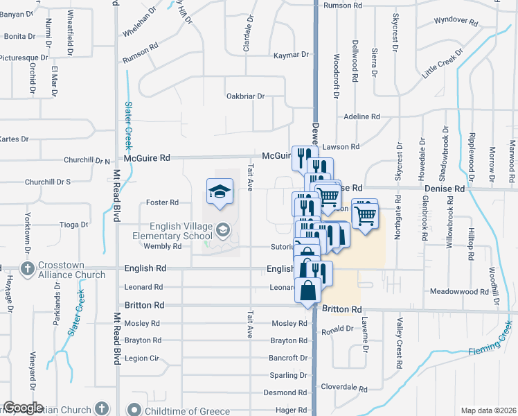 map of restaurants, bars, coffee shops, grocery stores, and more near 831 Tait Avenue in Rochester
