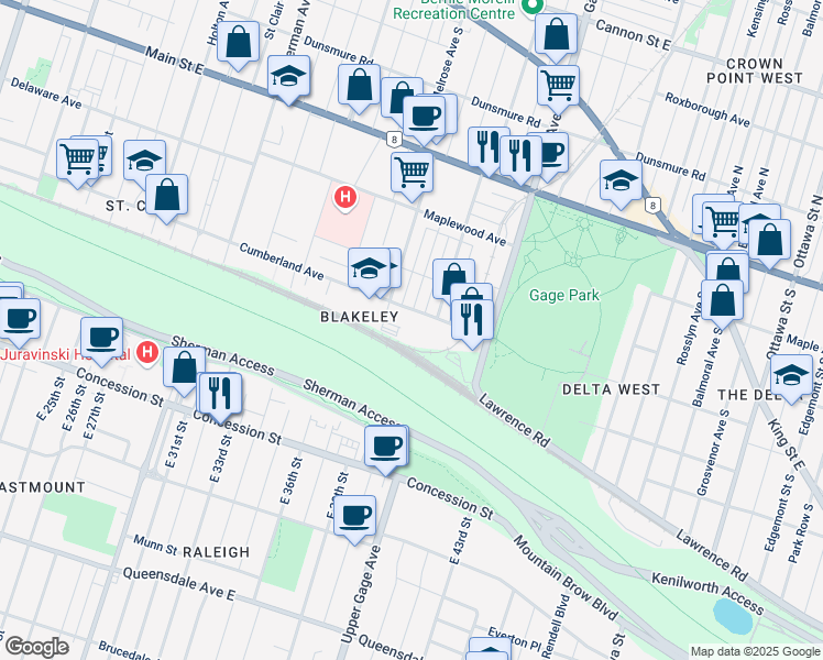 map of restaurants, bars, coffee shops, grocery stores, and more near 430 Cumberland Avenue in Hamilton