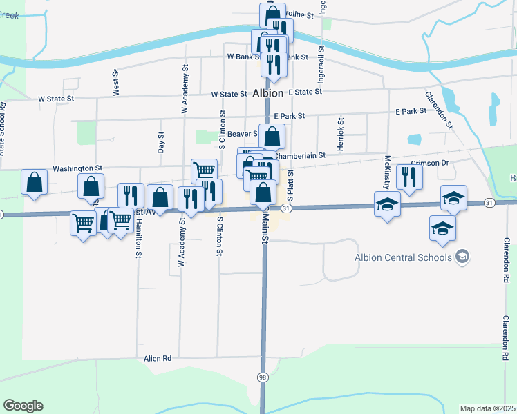 map of restaurants, bars, coffee shops, grocery stores, and more near 456 West Avenue in Albion