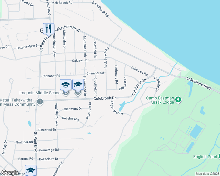 map of restaurants, bars, coffee shops, grocery stores, and more near 20 Rock Beach Road in Rochester
