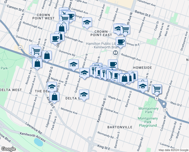 map of restaurants, bars, coffee shops, grocery stores, and more near 1345 Main Street East in Hamilton
