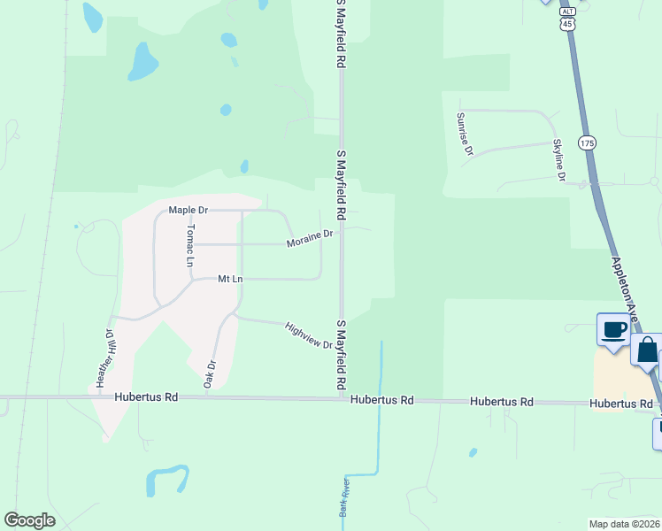 map of restaurants, bars, coffee shops, grocery stores, and more near 3319 Mount Lane in Hubertus