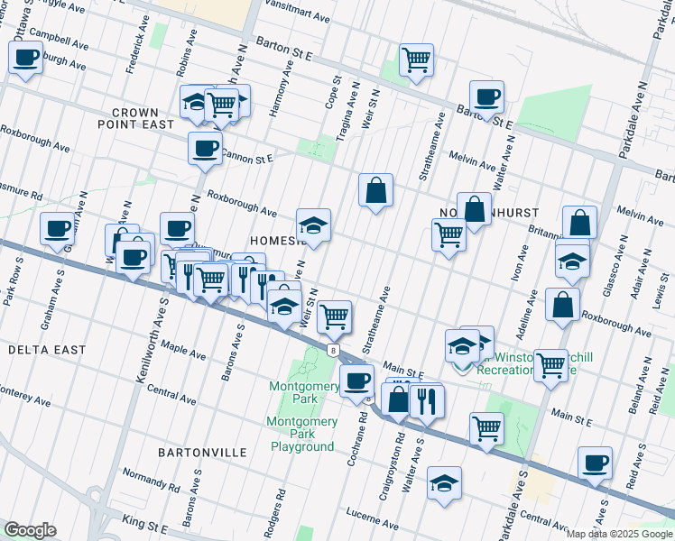 map of restaurants, bars, coffee shops, grocery stores, and more near 85 Fairfield Avenue in Hamilton